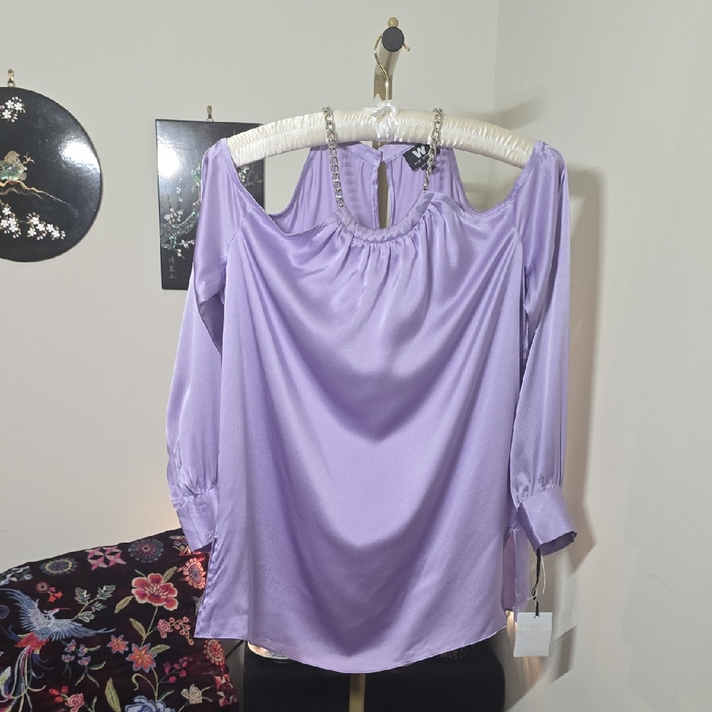 W by Worth 100% Silk Satin Long Sleeve Cold Shoulder Blouse with Chain Detail